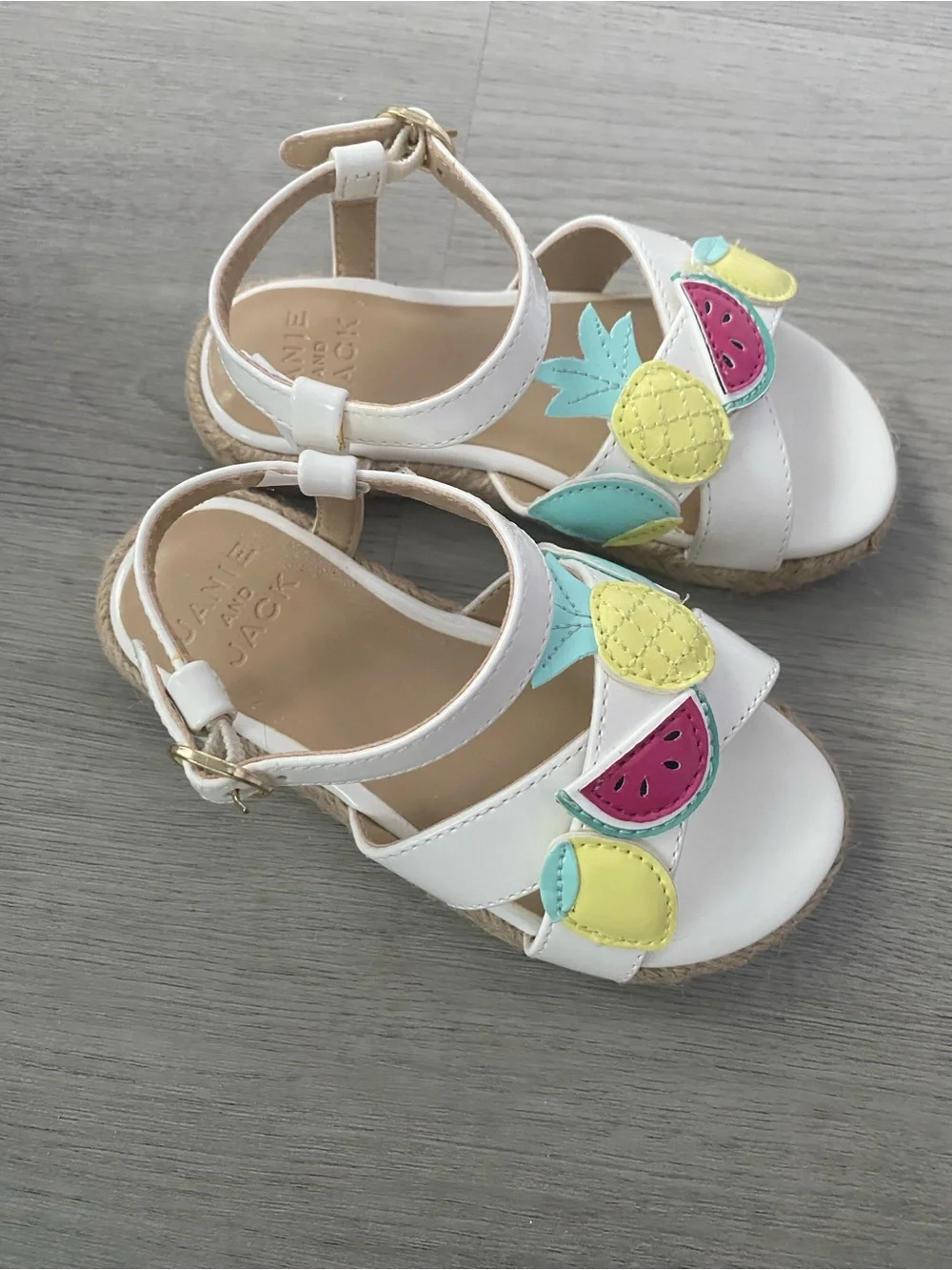 Janie and Jack White Sandals with Yellow, Pink and Aqua Fruit Appliqués